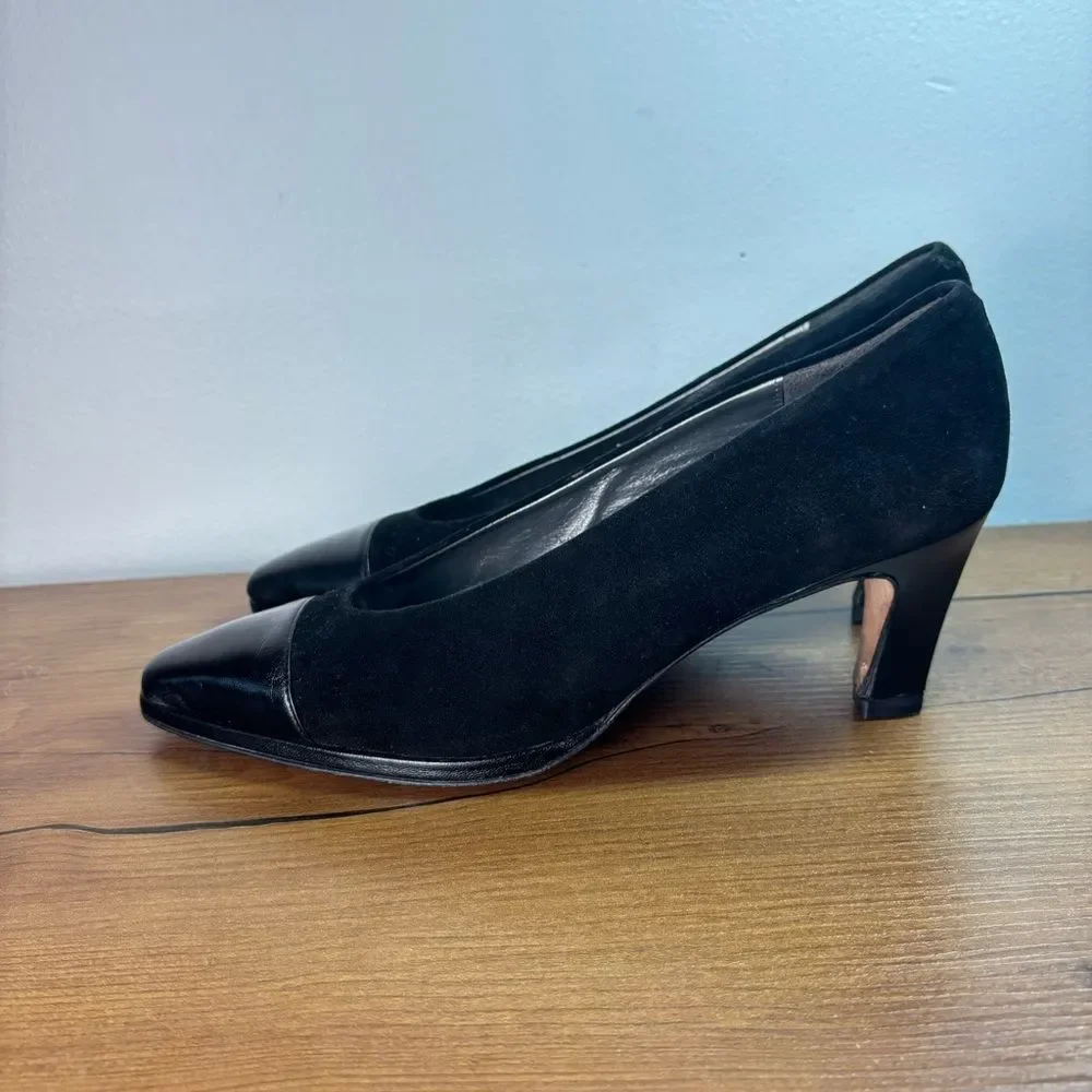 VTG Norma Carini Womens 7.5 Made in Italy Black Suede Quiet Luxury Cap Toe Heels